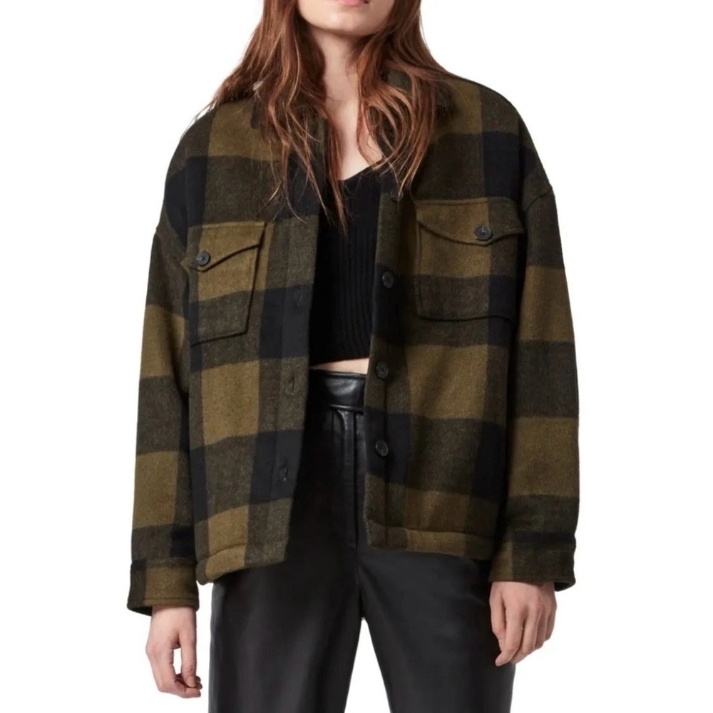 All Saints Olive and Black Plaid Utility Jacket
